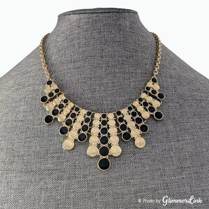 Gold Tone & Black Enamel Circles Bib Statement Necklace